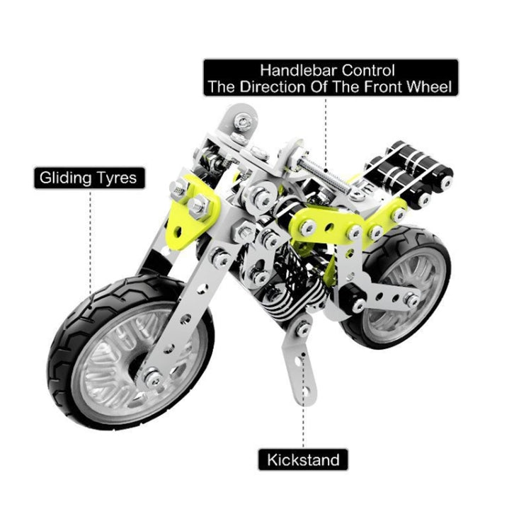 DIY stainless steel street motorcycle model with kickstand and lime green detailing