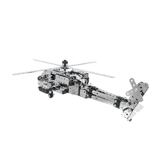 Stainless steel AH-64 helicopter gunship metal model, side view with tail rotor