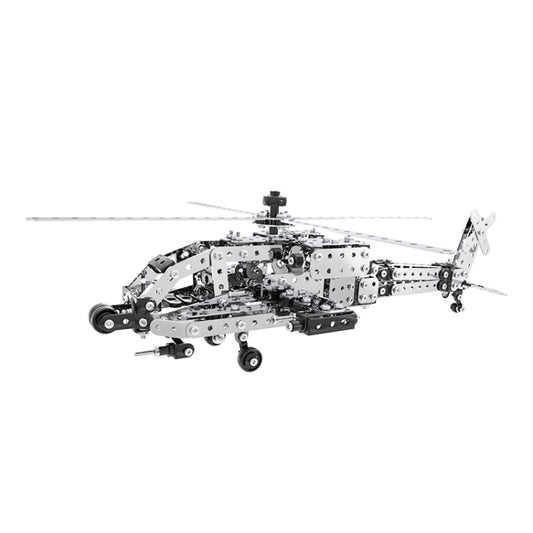 Stainless steel AH-64 helicopter gunship metal model, fully assembled with rotors