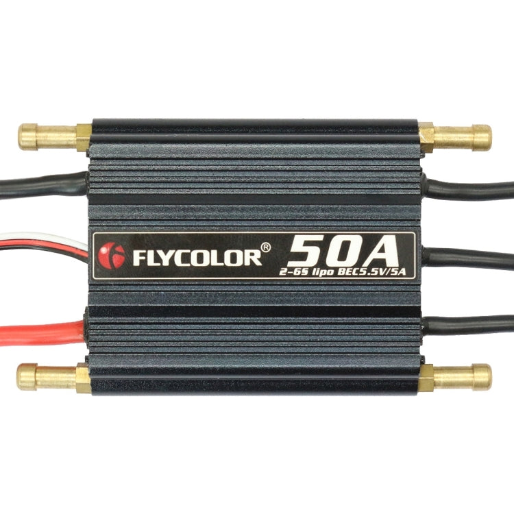 Flycolor 50A RC speed controller, black ribbed case, red/black leads and gold ports