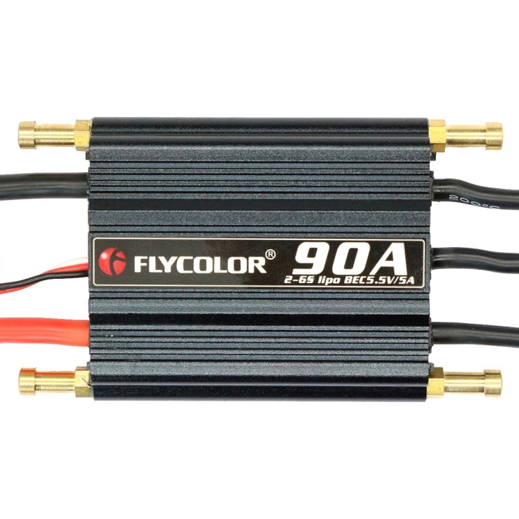 Black RC electronic speed controller with gold bullet connectors and 90A label