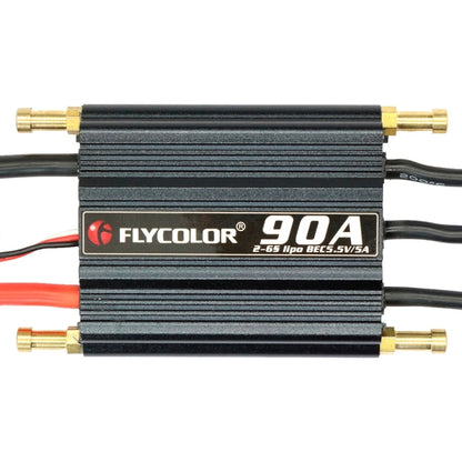 Black RC electronic speed controller with gold bullet connectors and 90A label
