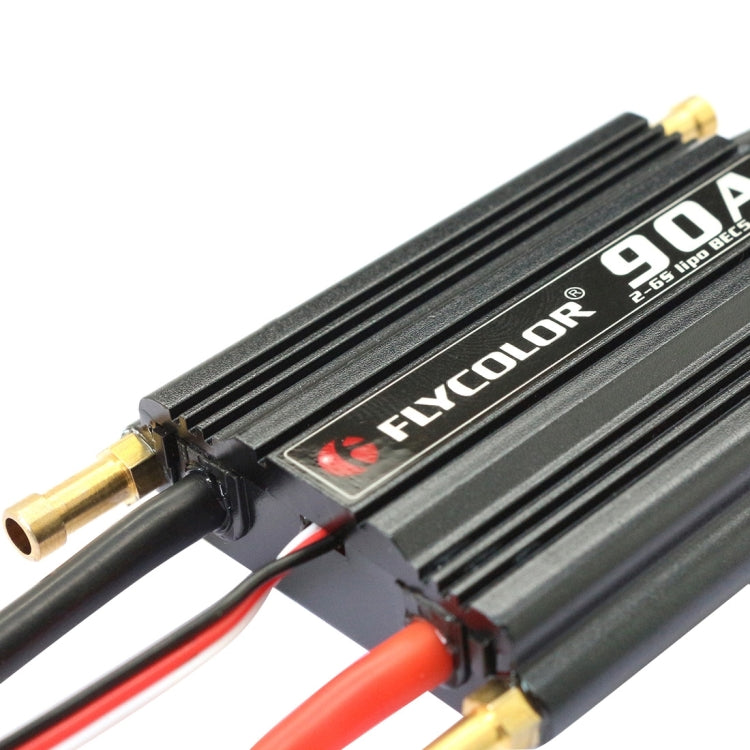 Black Flycolor 90A speed controller side view with logo and black/red wires