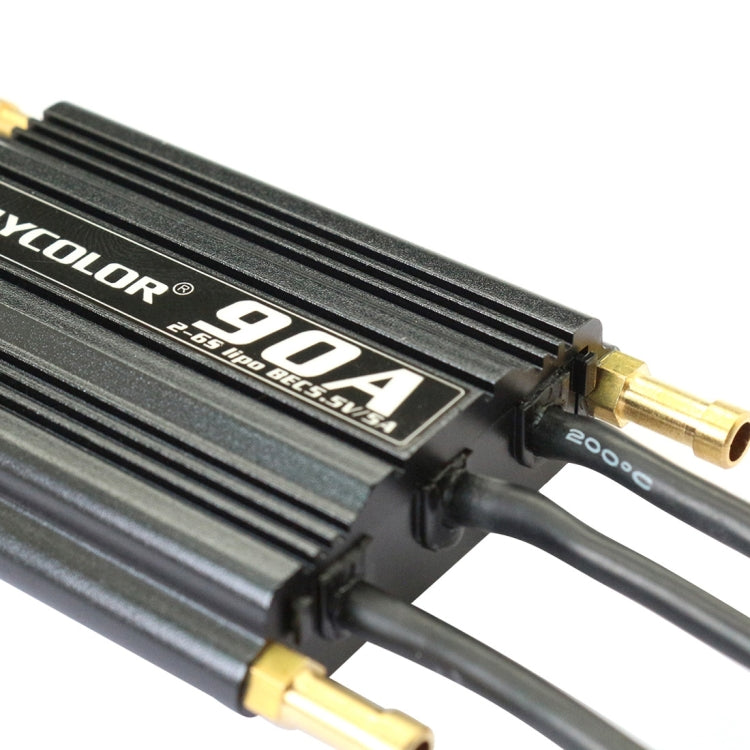Black 90A speed controller detail with 2-6S marking and gold output connectors