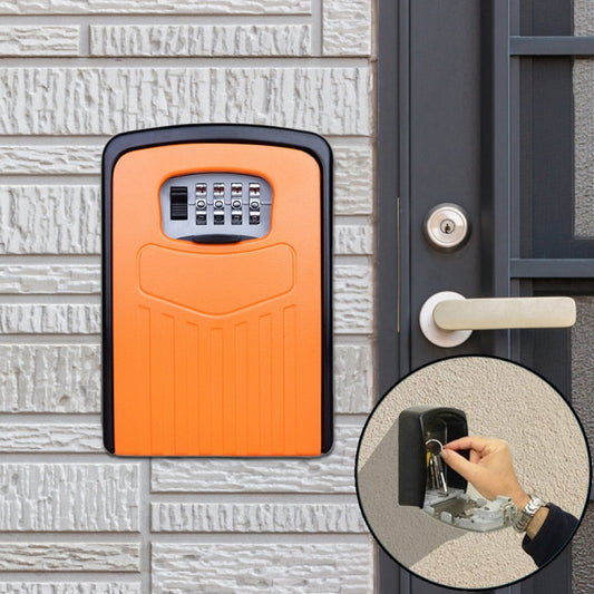 Orange combination key lock box mounted beside a door, with a close-up of it being opened.