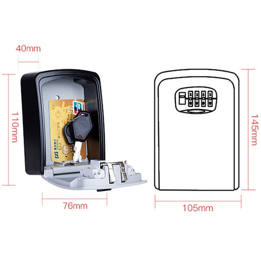 Open combination key lock box holding keys, with dimensions marked in a diagram.