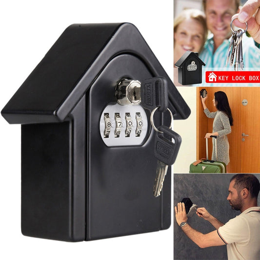 Black house-shaped key lock box with combination dials and two keys