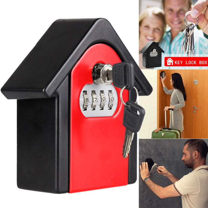 Red and black house-shaped key lock box with numbered keypad and metal keys