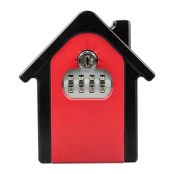 House-shaped combination key lock box with numbered keypad and key cylinder