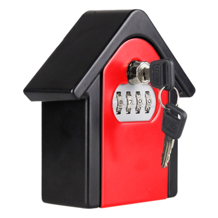 House-shaped key lock box with red face, numbered keypad, and hanging keys