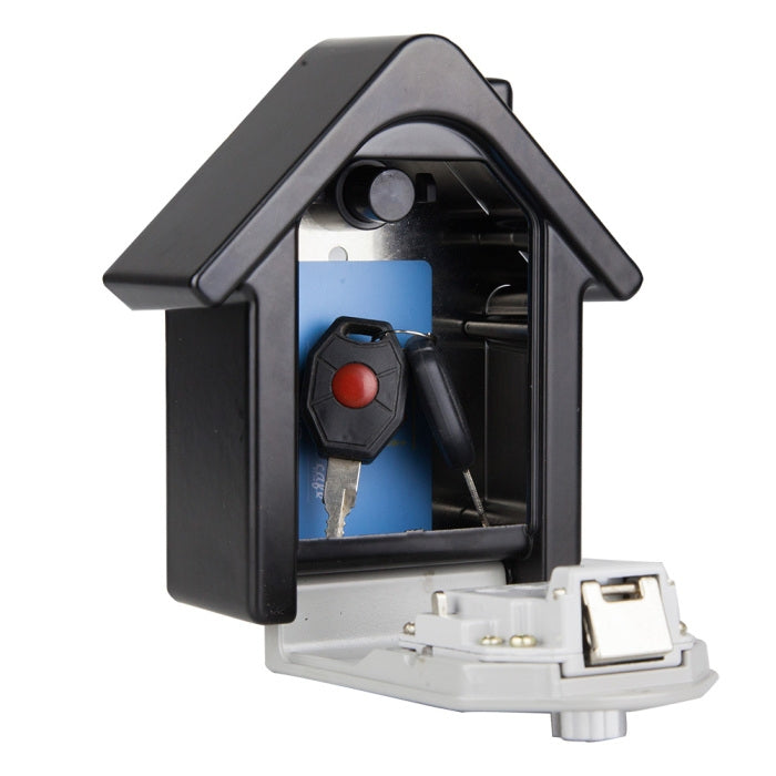 Open house-shaped key lock box showing numbered keypad and key holder inside