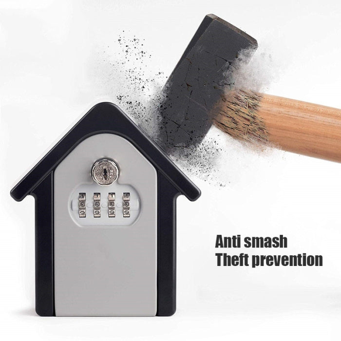 Black and gray house-shaped key lock box with keypad and metal cylinder