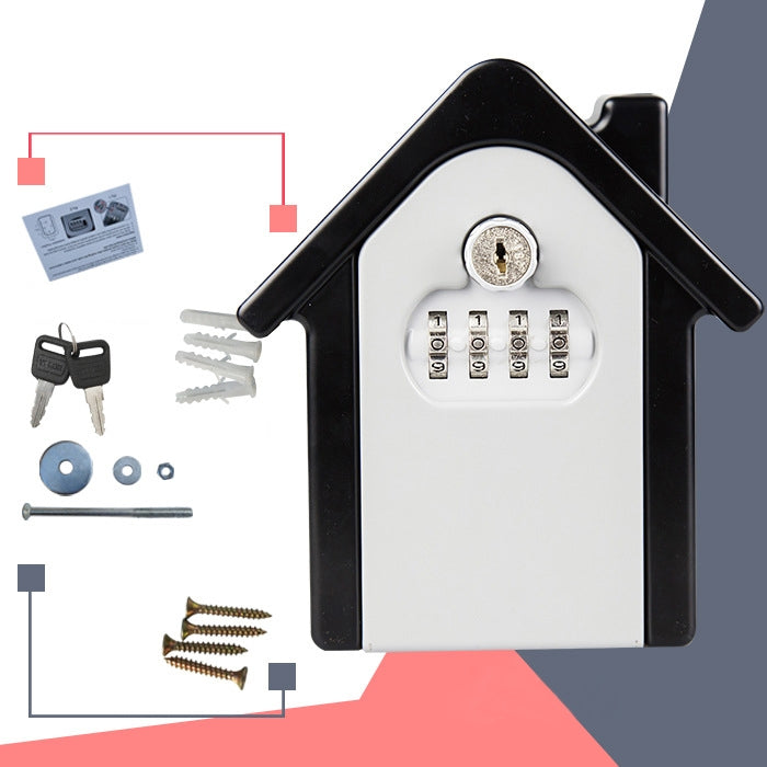 House-shaped key lock box with numbered keypad and included mounting accessories