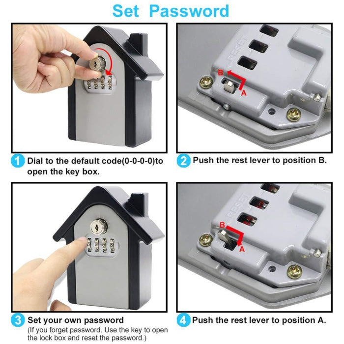 House-shaped key lock box with numbered keypad and internal reset lever area