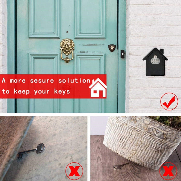 Wall-mounted black house-shaped key lock box with numbered keypad