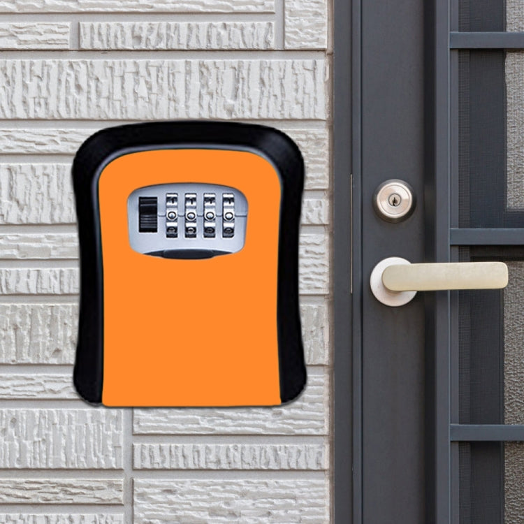 Orange password lock storage box with 4-number keypad, wall-mounted front view.