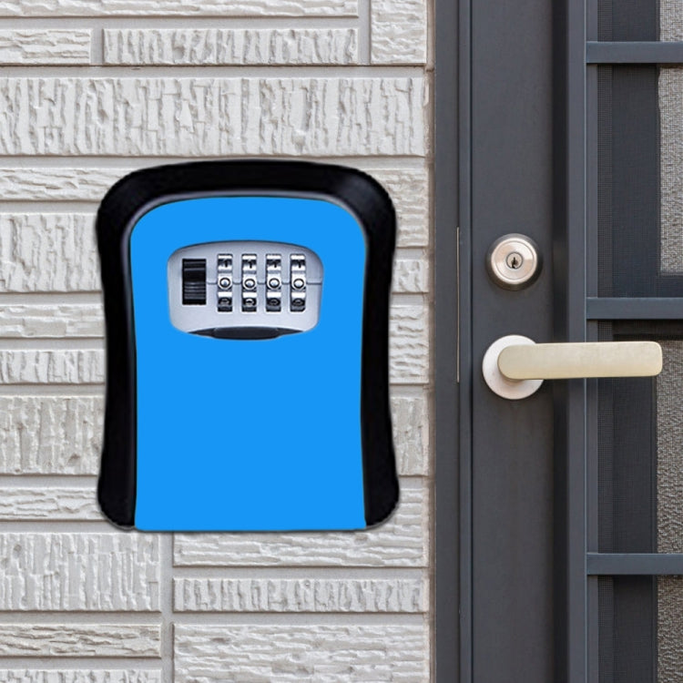 Blue password lock storage box with 4-number keypad, wall-mounted front view.