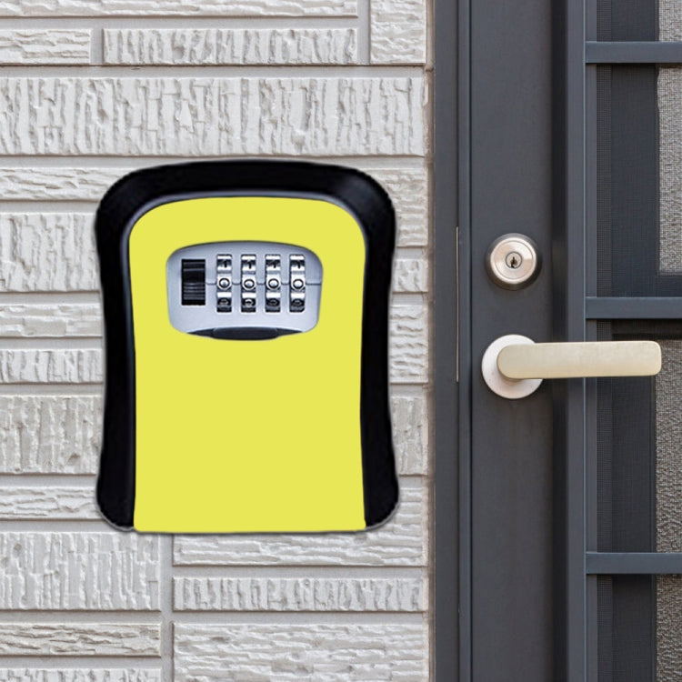 Yellow password lock storage box with 4-number keypad, wall-mounted front view.