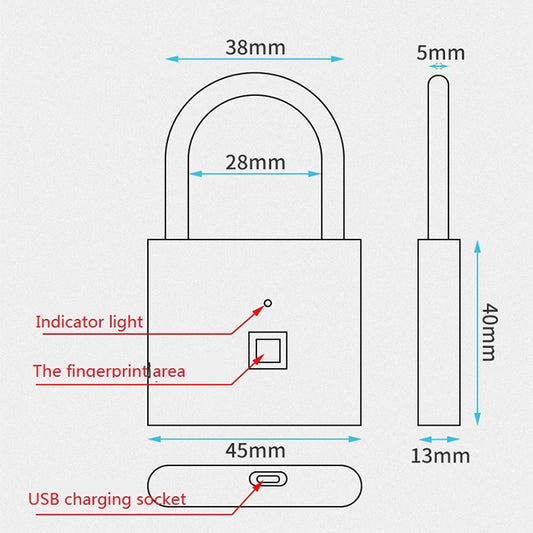 Electronic fingerprint padlock dimension diagram showing fingerprint area and USB socket