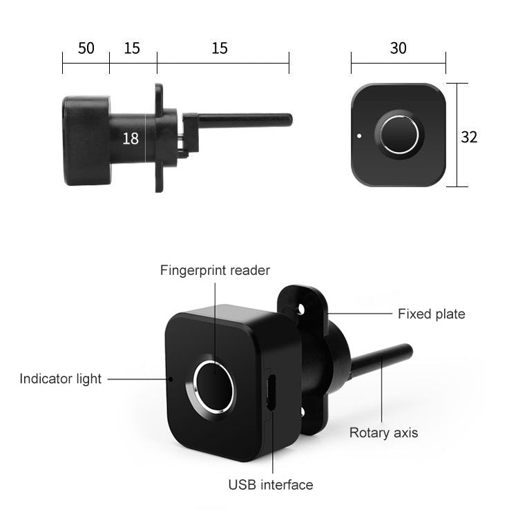 Black fingerprint lock with fingerprint reader, USB interface, and fixed mounting plate