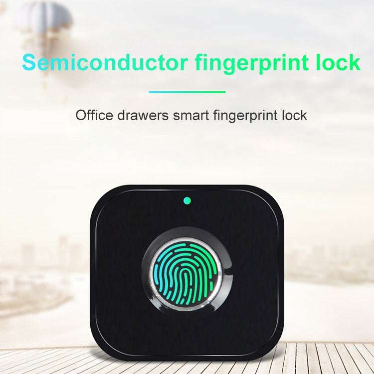 Square black fingerprint lock with glowing fingerprint sensor ring and small status LED