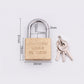20mm copper padlock with U-shaped shackle, keyhole, and two keys; measures shown