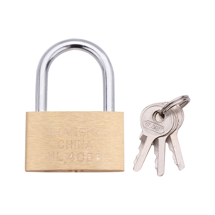 Small copper padlock with U-shaped shackle, tan body, and two matching keys
