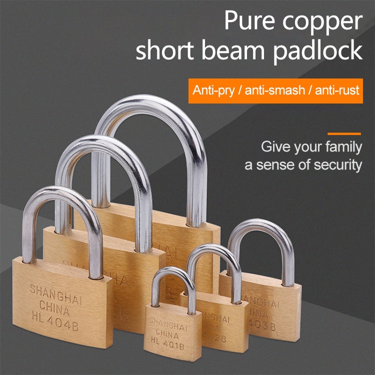 Set of copper short-beam padlocks with tan bodies and U-shaped shackles