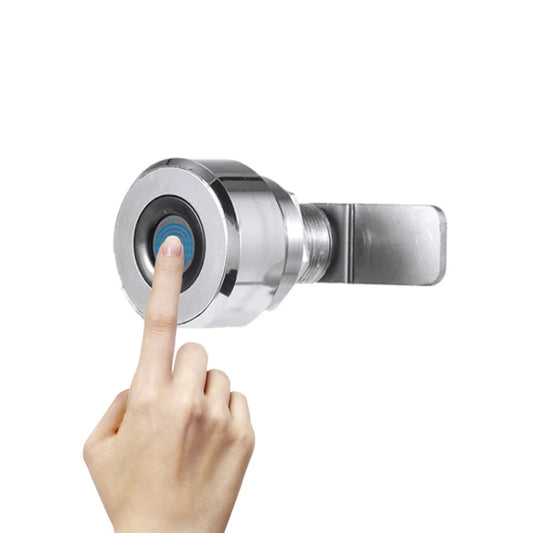 Fingerprint drawer lock with metal sensor ring, brushed silver, finger pressing the reader