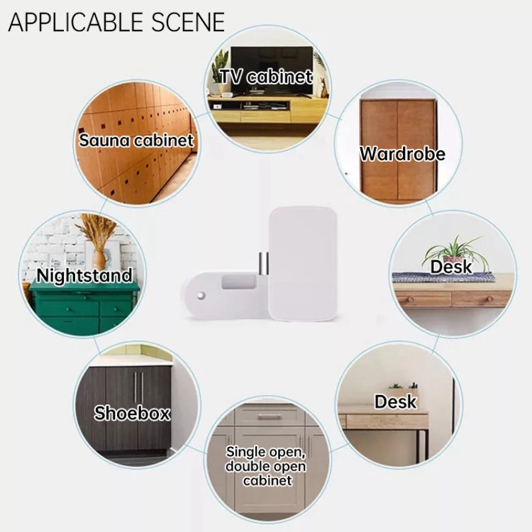 White smart drawer lock diagram with cabinet installation scene icons