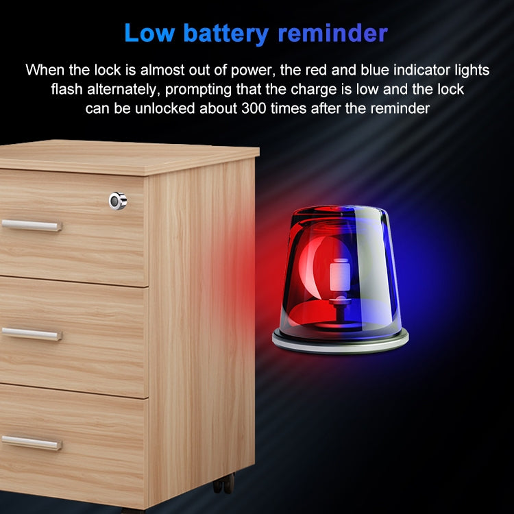 Smart lock on a wooden drawer with low-battery indicator lights