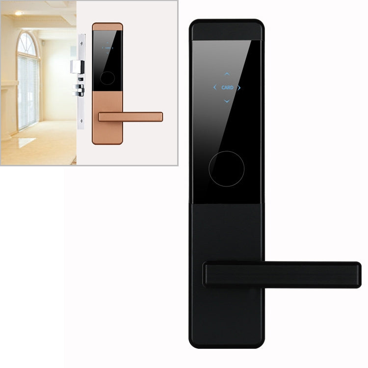 Black electronic door lock with card reader panel and horizontal lever handle