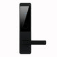 Black electronic door lock with card reader and lever handle, front view
