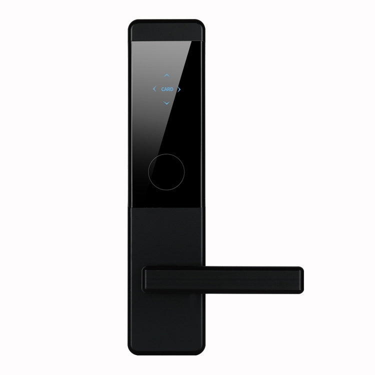 Black electronic door lock with card reader and lever handle, front view