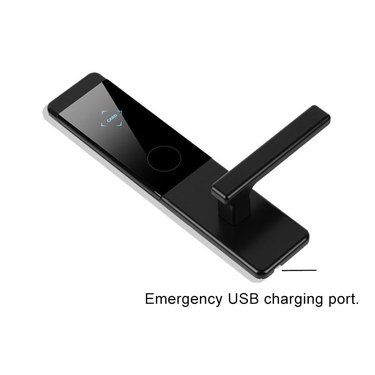 Black electronic door lock with lever handle and card reader on top panel
