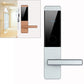 Silver electronic door lock with card reader panel and horizontal lever handle