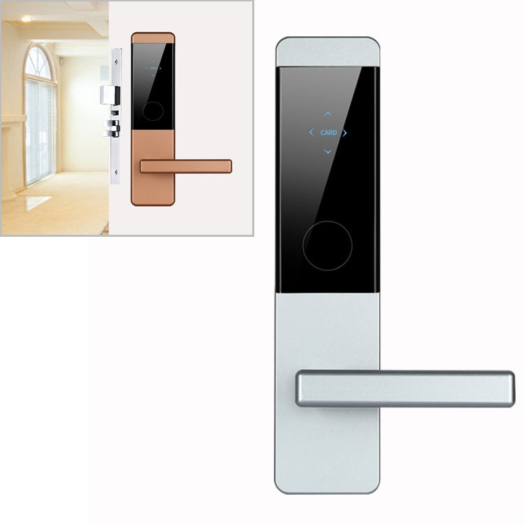 Silver electronic door lock with card reader panel and horizontal lever handle