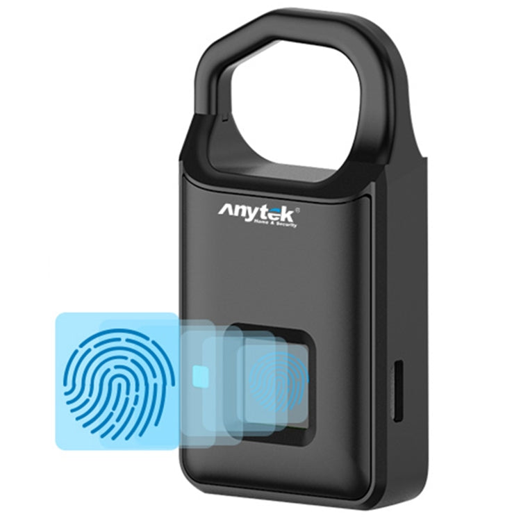 Anytek smart fingerprint padlock, black body with front fingerprint sensor window