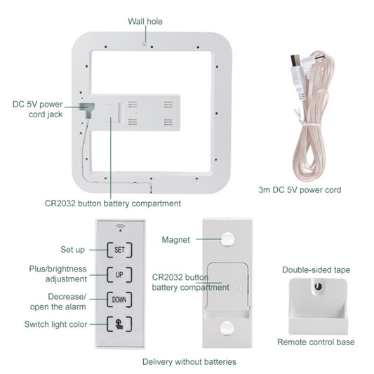 Back view of square digital alarm clock with battery compartment, power cord, and magnet base