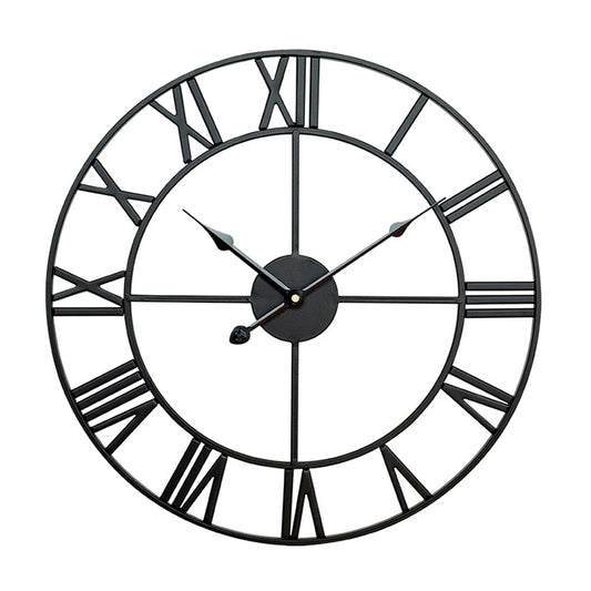 Black round metal wall clock with Roman numeral dial and five metal hands