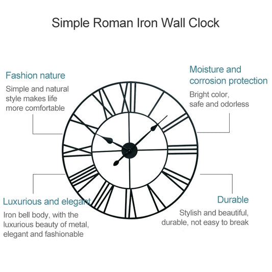 Round iron wall clock diagram with Roman numeral-style ring and black hands