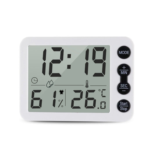 White digital alarm timer with temperature and humidity display and red side buttons