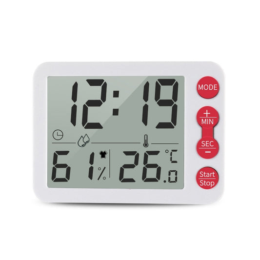 White digital alarm timer with temperature and humidity display and red side buttons