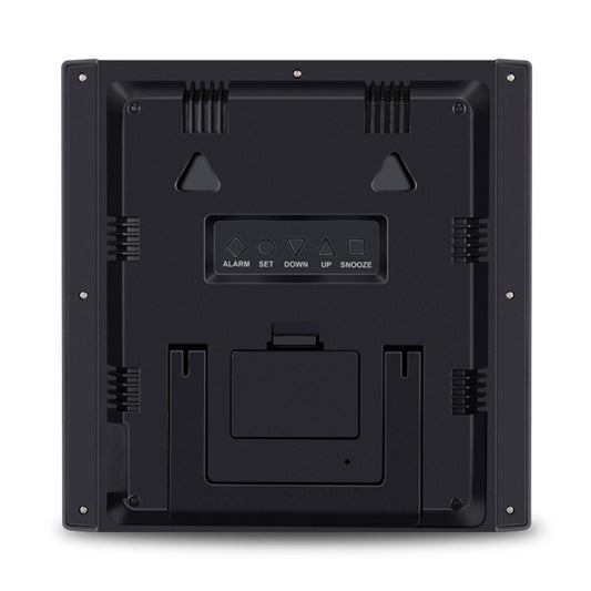 Black rear view of digital clock thermometer hygrometer with stand and control buttons