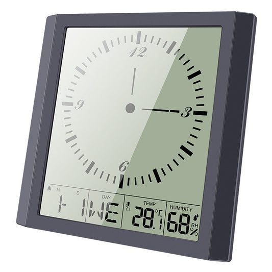 Wall clock thermometer hygrometer with analog dial and temp/humidity readouts, dark frame