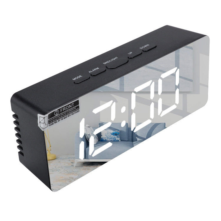LED mirror alarm clock, white body with black top controls and white LED time display