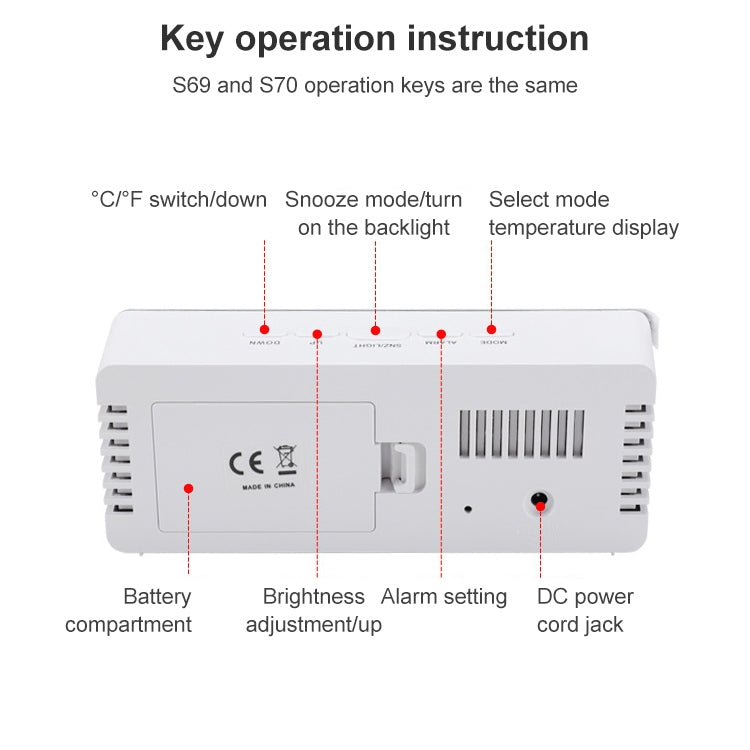 LED mirror alarm clock back panel with battery compartment and DC power jack
