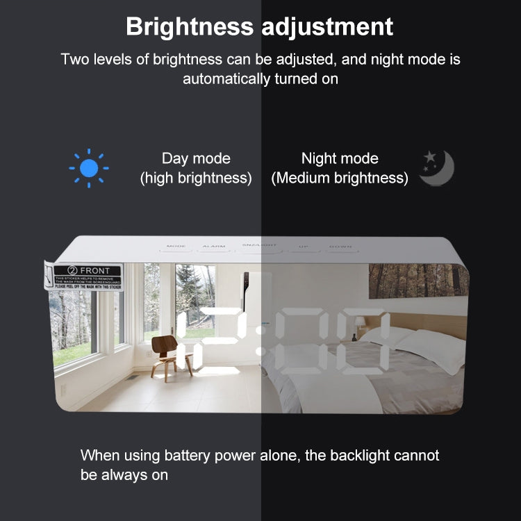 LED mirror alarm clock with white LED digits and brightness mode illustrations