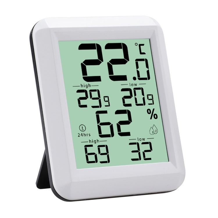 White indoor temperature and humidity meter with green LCD display and °C/% readings