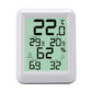 White indoor temperature and humidity meter showing large °C and % values on green display